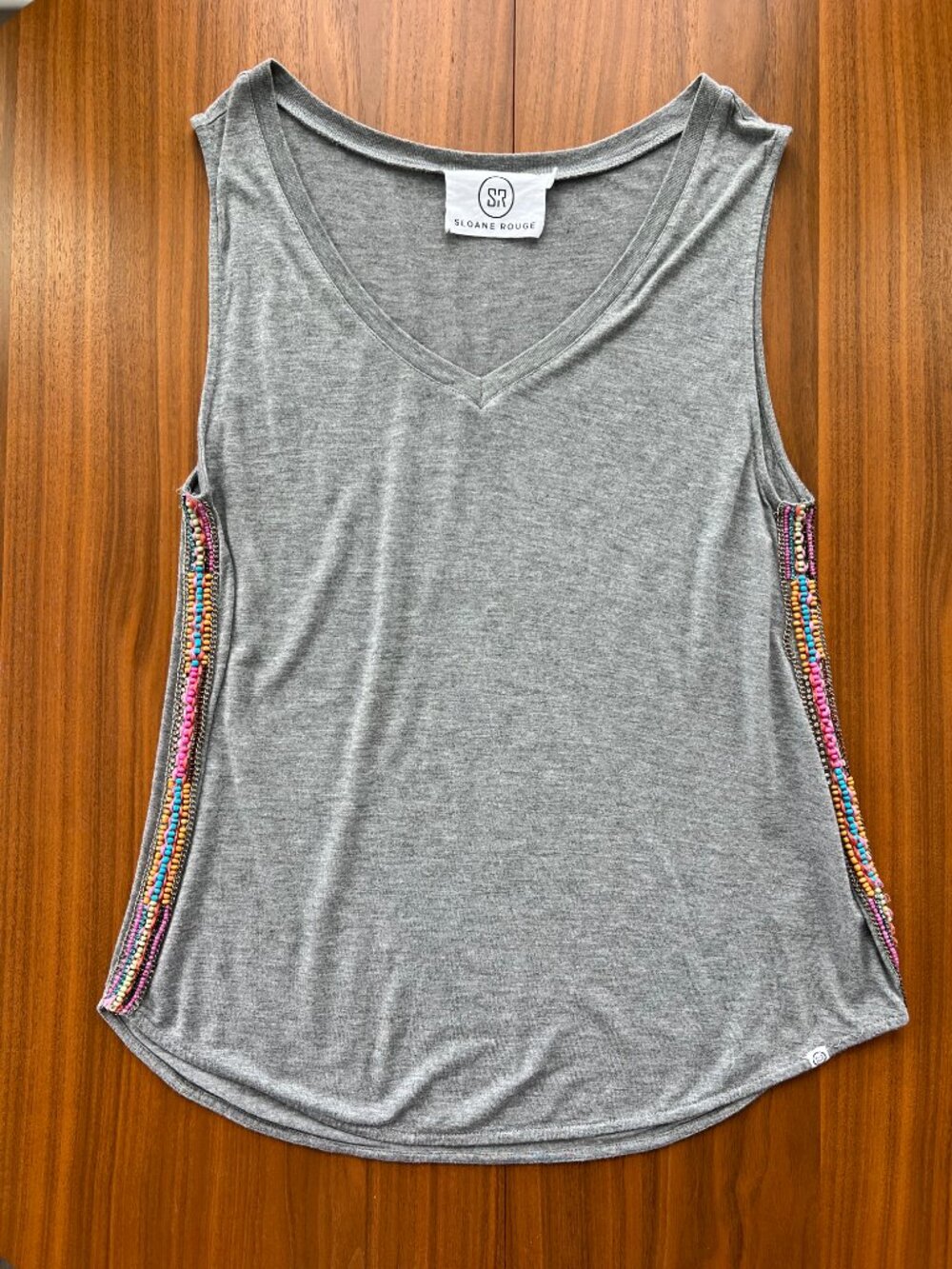 Sloane Rouge Gray Beaded Trim Distressed Muscle Tank Top Boho Artsy Fairy Medium